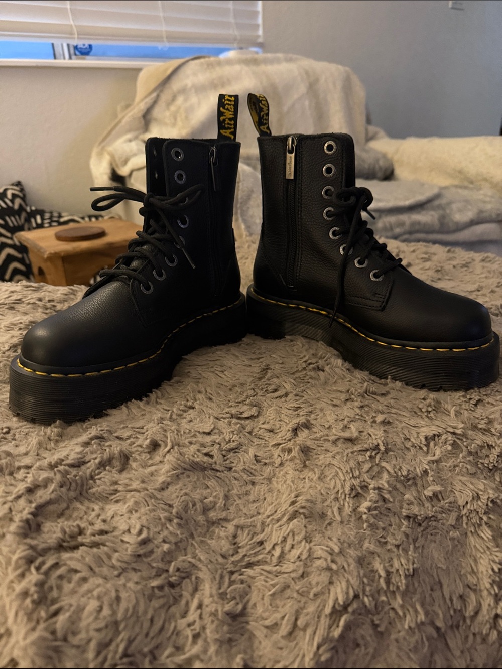 Dr. Martens Black Platform Jadon lll Lace-Up Boots with Yellow Stitching likenew - Picture 2 of 6